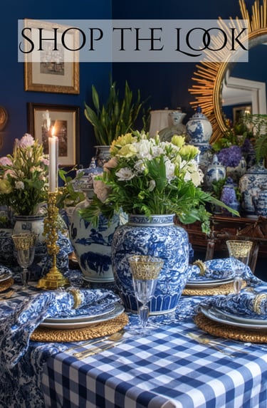 a table setting with blue and white tablecloth and blue and white tablecloth