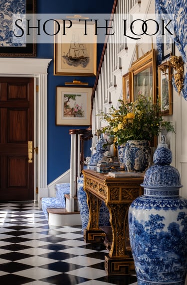 a hallway with a checkered checkered floor and a blue and white checkered