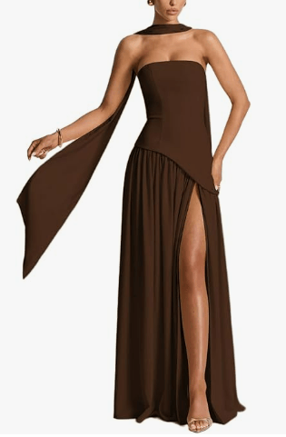 dark brown strapless dress with high slit and neck scarf