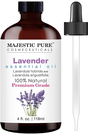 Majestic Pure lavender essential oil bottle labeled 100% natural premium grade, 4 oz with dropper