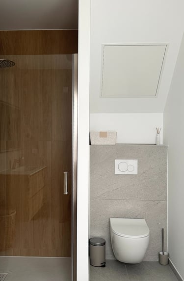 a bathroom with a toilet and a shower