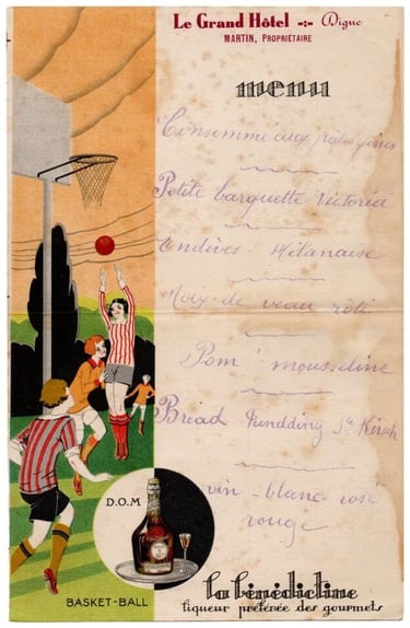 1932 French Dinner Menu featuring women playing basketball early sports