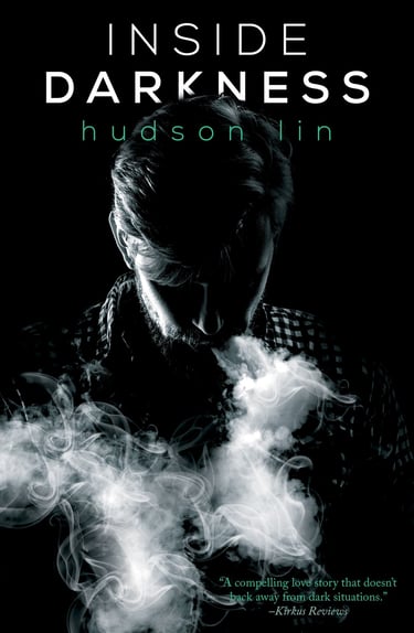 Inside Darkness book cover by Hudson Lin featuring a man in shadows with white smoke swirls.