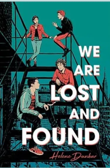 A green book cover featuring line drawings of four teenagers sitting a flight of stairs on the exterior of a building