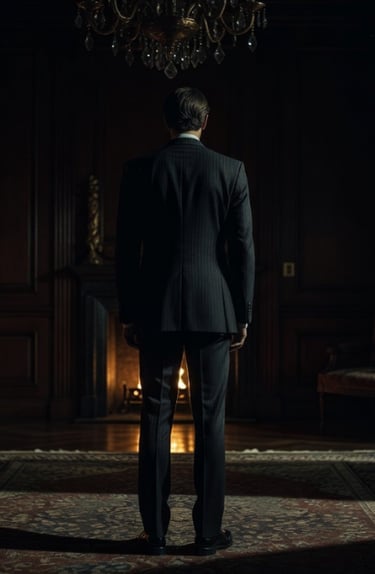 uomo in piedi girato di schiena vestito elegante che guarda un camino acceso