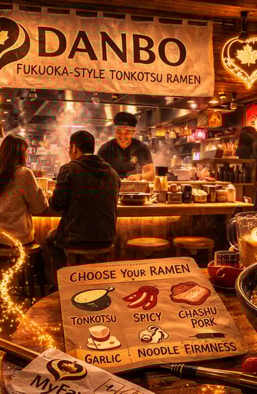 Authentic Fukuoka style tonkotsu ramen bowl at Danbo on Robson Street Vancouver with MyFavs discover