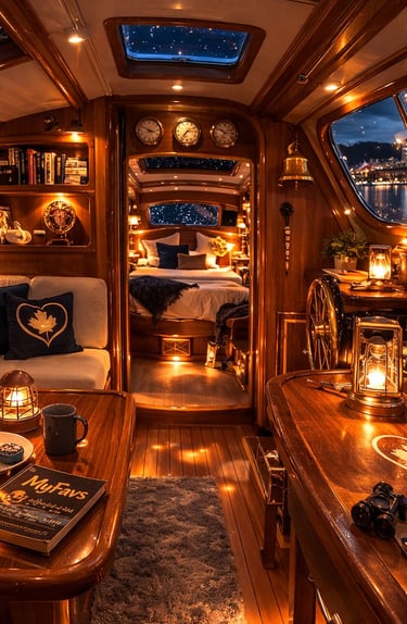 Wooden sailboat deck at night in Vancouver Coal Harbour with city skyline lights and MyFavs discover