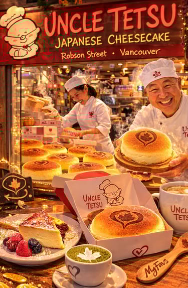 Freshly baked Japanese cheesecake at Uncle Tetsu bakery on Robson Street Vancouver