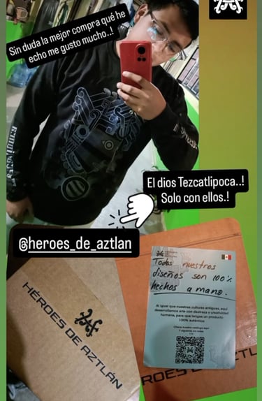 sudadera tezcatlipoca cliente recibiendo paquete heroes de aztlan pedidos