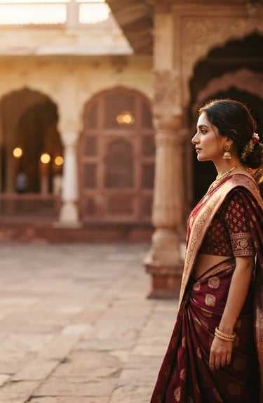 Indian woman in an elegant deep maroon saree, side profile, soft golden hour light, shallow depth of field, rich ivory and deep maroon tones, warm architectural backdrop, saree fabric texture visible, wide shot with generous negative space on the left.