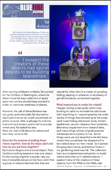 Sculptor Tal Avitzur featured in magazine Blue Fire Jellyfish article.