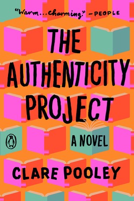 Cover of The Authenticity Project by Clare Pooley — bold orange with illustrated books.