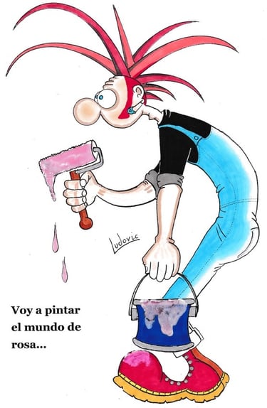 Dibujo con un joven que pinta el mundo de color rosa y lo considera con optimismo