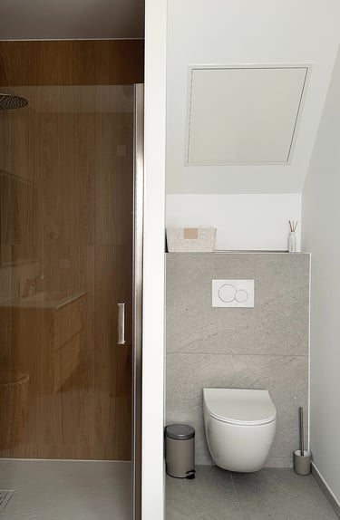a bathroom with a toilet and a shower