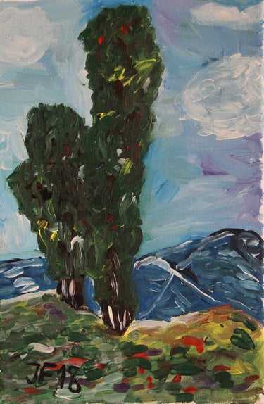 a painting of trees and mountains in the background