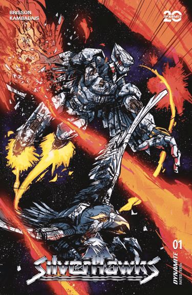 Silverhawks leader Quicksilver and Tally hawk flying through space being shot at