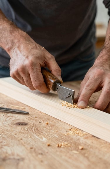 A craftsman carefully engraving a wooden panel with a laser in a cozy workshop.