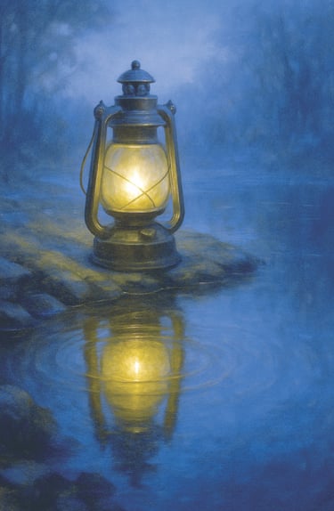 A lantern rests beside still water, its glow mirrored in the quiet reflection