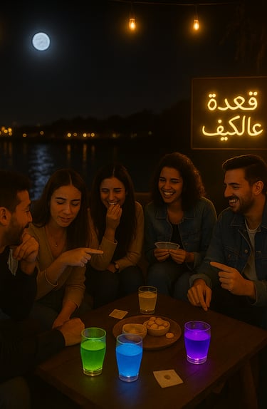 a group of people sitting around a table with drinks