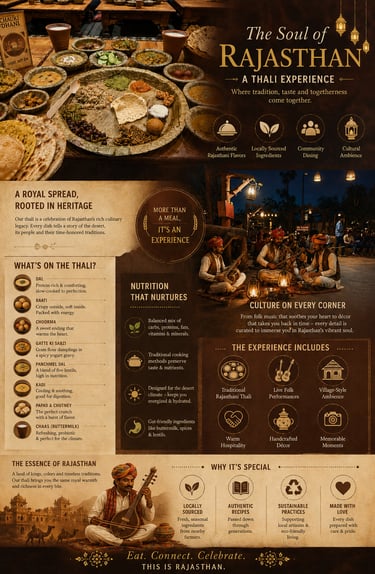 Authentic Rajasthani Thali experience with traditional folk musicians and a variety of regional dishes.