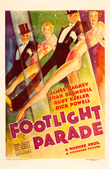 Vintage poster for Footlight Parade (1933), highlighting Berkeley’s water ballets and showmanship.