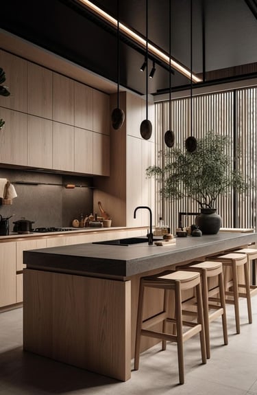 Şık tezgâh ve dolap detaylarına sahip mutfak tasarımı