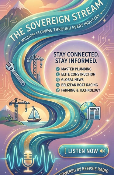 The Sovereign Stream podcast art featuring industry icons, a flowing blue stream, and news updates.
