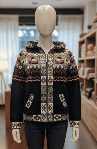 chompa de lana con diseños andinos en color negro y gris en un maniqui
