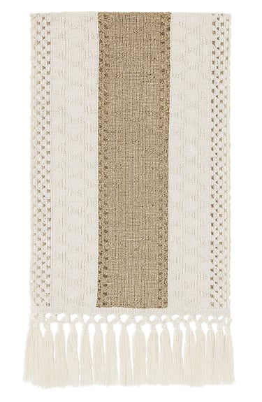 A decorative woven hand towel featuring a natural tan center stripe, textured ivory side panels