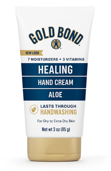 Gold and blue hand cream tube with aloe label.