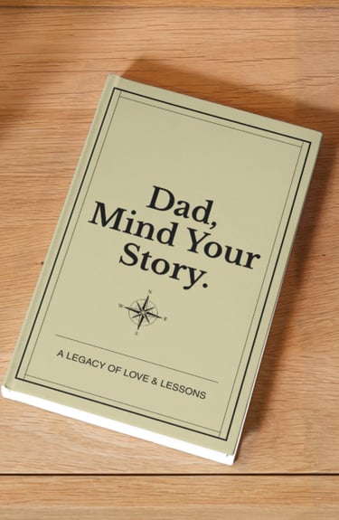 A personalized guided journal titled Dad, Mind Your Story on a wooden table, perfect for a legacy gift.