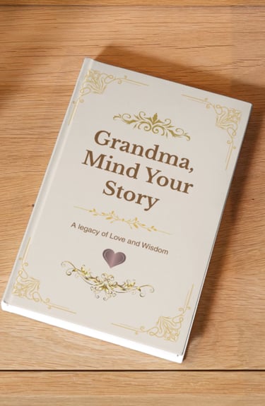Grandma Mind Your Story guided journal with gold filigree on a light wood surface.