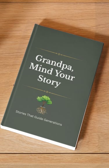 Grandpa, Mind Your Story legacy journal with a family tree icon on a wooden table.