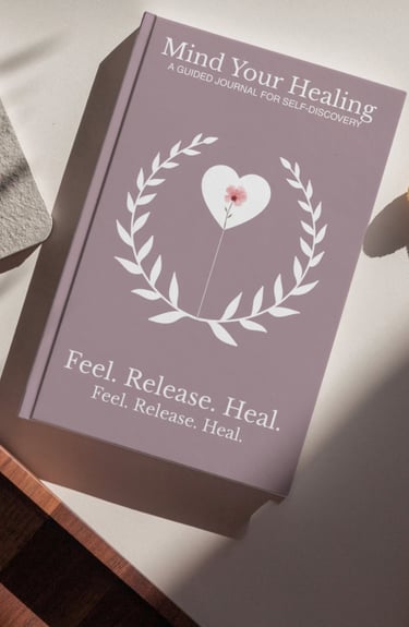 Mind Your Healing guided journal for self-discovery with a purple cover and white laurel wreath.