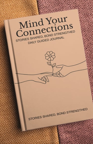 Mind Your Connections daily guided journal with minimalist line art of hands and a flower.