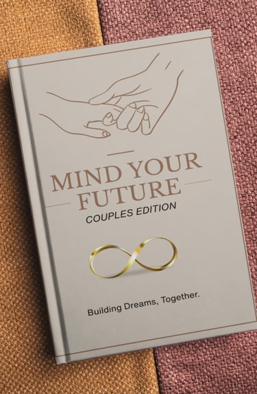 Mind Your Future Couples Edition journal with a gold infinity symbol on a textured fabric background.