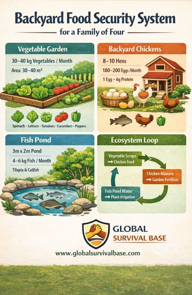 backyard food security system infographic showing how to grow and manage food at home for long term survival