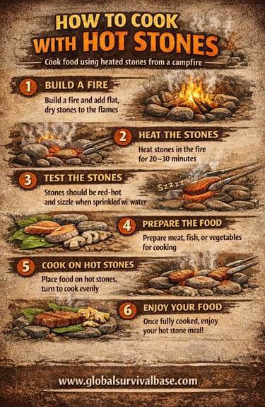 cooking with hot stones survival infographic showing primitive cooking techniques without tools