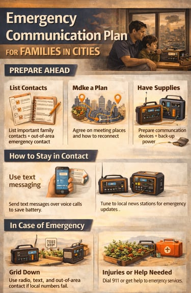 family emergency communication plan infographic showing how to stay connected and coordinate during crisis situations