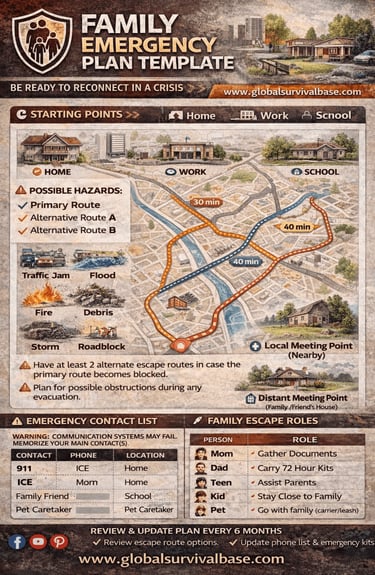 family emergency evacuation plan infographic showing routes meeting points and preparation steps