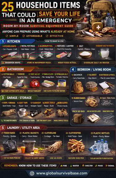 household items emergency survival kit infographic showing everyday items useful in survival