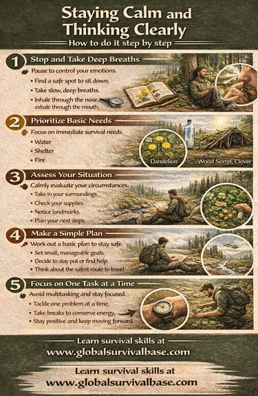 stay calm and think clearly survival infographic showing mindset control in emergencies
