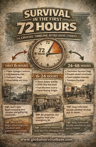 first 72 hours survival infographic showing essential steps to stay safe find water secure shelter a