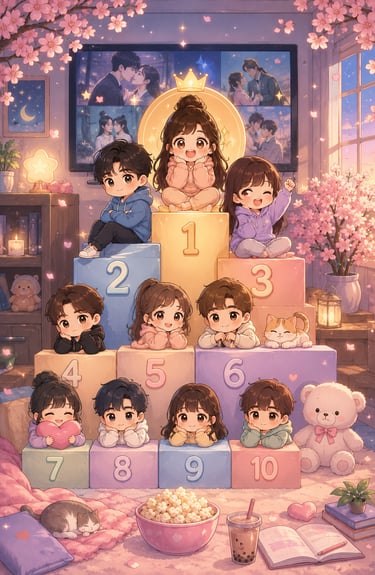 Chibi anime characters sitting on numbered blocks in a cozy room with cherry blossoms and a TV.