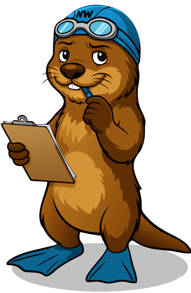 Ollie de mascotte van NextWave in Liedekerke met een pen en klembord.