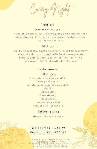 a menu for a curry night at the ark northampton on friday 14th february
