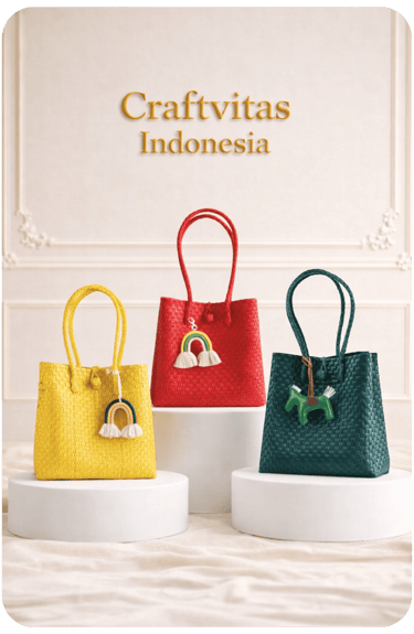 Handwoven plastic tote bags in yellow, red, and green colors by Craftvitas Indonesia displayed in a clean studio setting