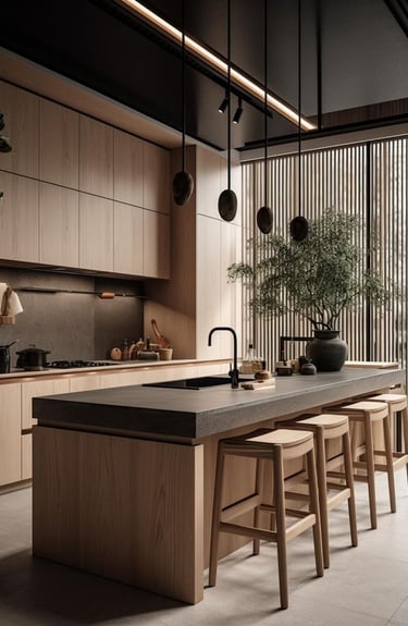 Şık tezgâh ve dolap detaylarına sahip mutfak tasarımı