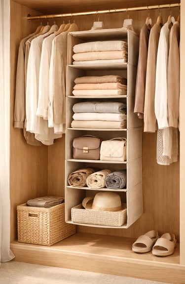 Open wardrobe closet with a 6-tier fabric hanging shelf organizer on the rod, neatly folded clothes