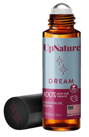 UpNature Dream essential oil roll-on bottle with GMO-free badge and Made in USA label